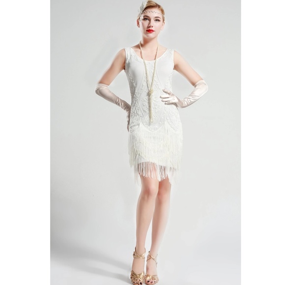 White Wedding Beaded 1920s Flapper Dress - Picture 2 of 7